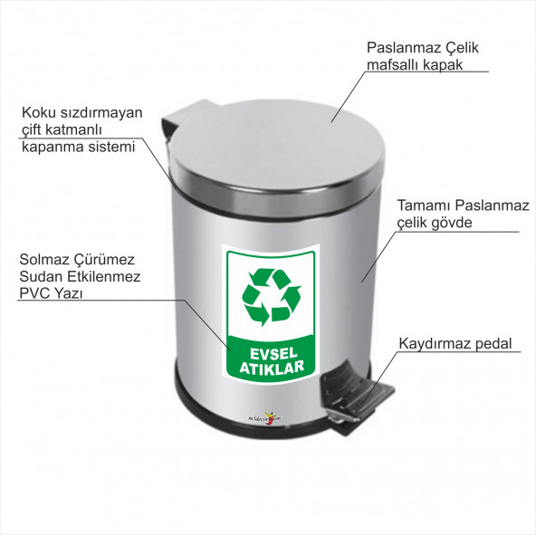 Paslanmaz 5Lt.Küflenmez Çelik Krom Kapaklı Pedallı Basmalı Saplı Kovalı Evsel Atık Çöp Kovası Kutusu - 2