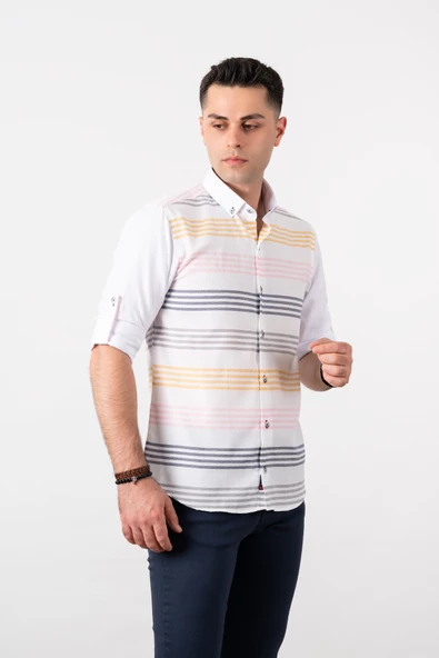 BİCAN SLİMFİT ÇİZGİLİ YAKA DÜĞMELİ KOL KATLAMALI ERKEK GÖMLEK - Resim 5