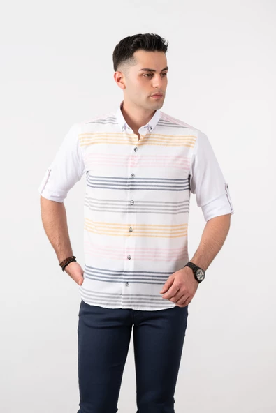 BİCAN SLİMFİT ÇİZGİLİ YAKA DÜĞMELİ KOL KATLAMALI ERKEK GÖMLEK - Resim 6
