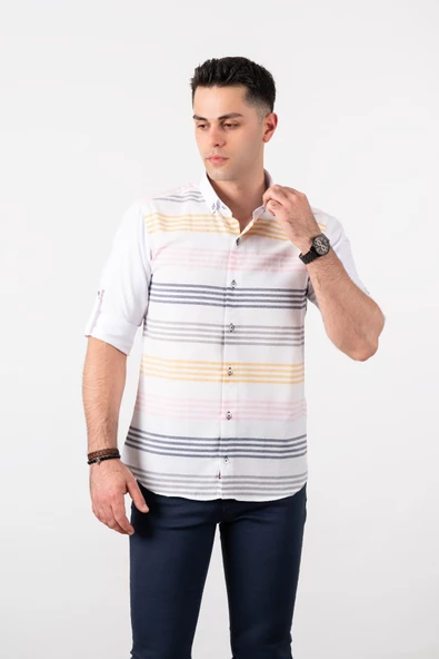 BİCAN SLİMFİT ÇİZGİLİ YAKA DÜĞMELİ KOL KATLAMALI ERKEK GÖMLEK - Resim 4