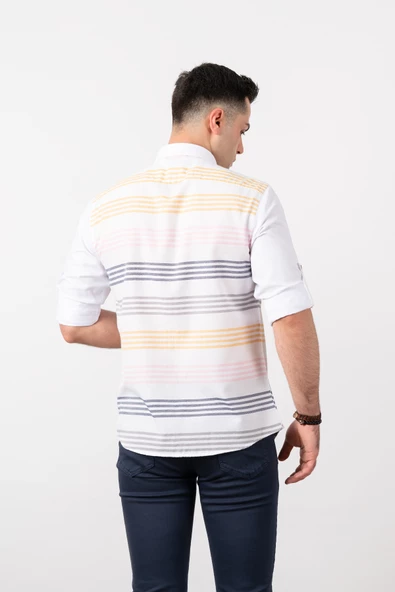 BİCAN SLİMFİT ÇİZGİLİ YAKA DÜĞMELİ KOL KATLAMALI ERKEK GÖMLEK - Resim 7