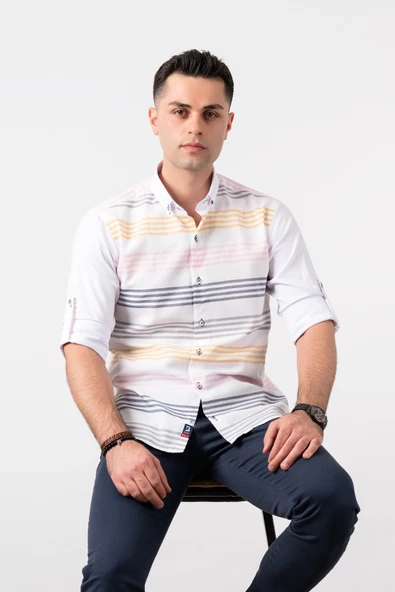 BİCAN SLİMFİT ÇİZGİLİ YAKA DÜĞMELİ KOL KATLAMALI ERKEK GÖMLEK ürün görseli