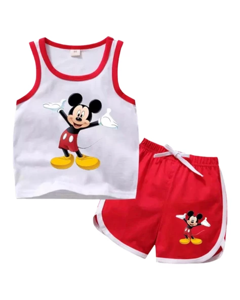 Neşeli Bebeklerimiz Fare Baskılı Askılı Erkek Penye Şortlu Takım Kırmızı ürün görseli