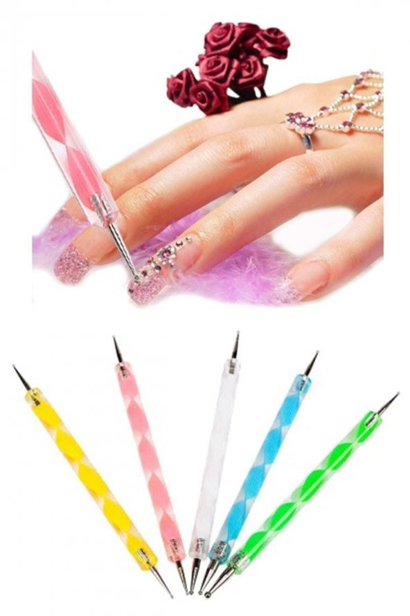 Tırnak Süsleme Kalemi Metal Başlıklı 5 Li Dot Kalemi Tırnak Süsleme Nail Art Dot Seti - 4