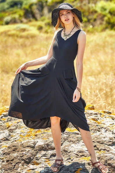 Asimetrik Etek Ucu Kayık Yaka Cepli Elbise - Resim 2