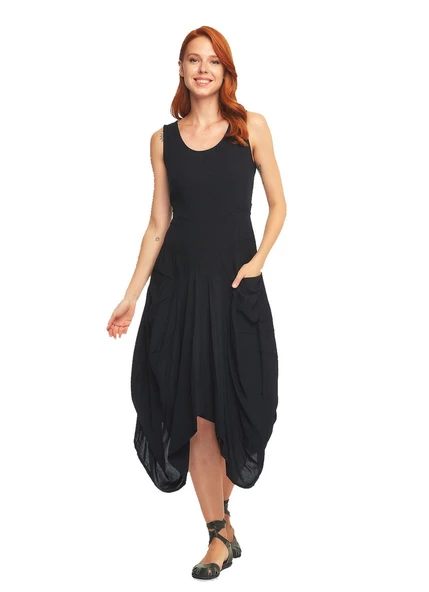 Asimetrik Etek Ucu Kayık Yaka Cepli Elbise - Resim 5