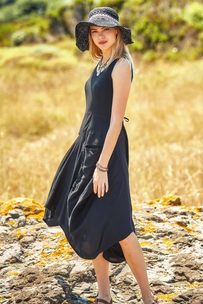 Asimetrik Etek Ucu Kayık Yaka Cepli Elbise ürün görseli 1