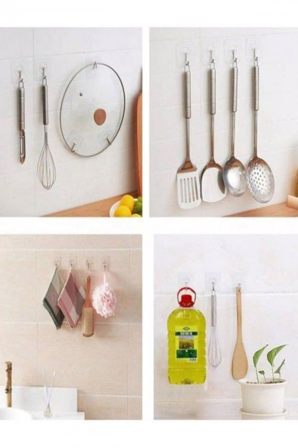 Askı Askılık 10 Adet Güçlü Şeffaf Duvar Askısı Askılığı Yapışkan Vantuz Kanca Mutfak Banyo Askısı - 7