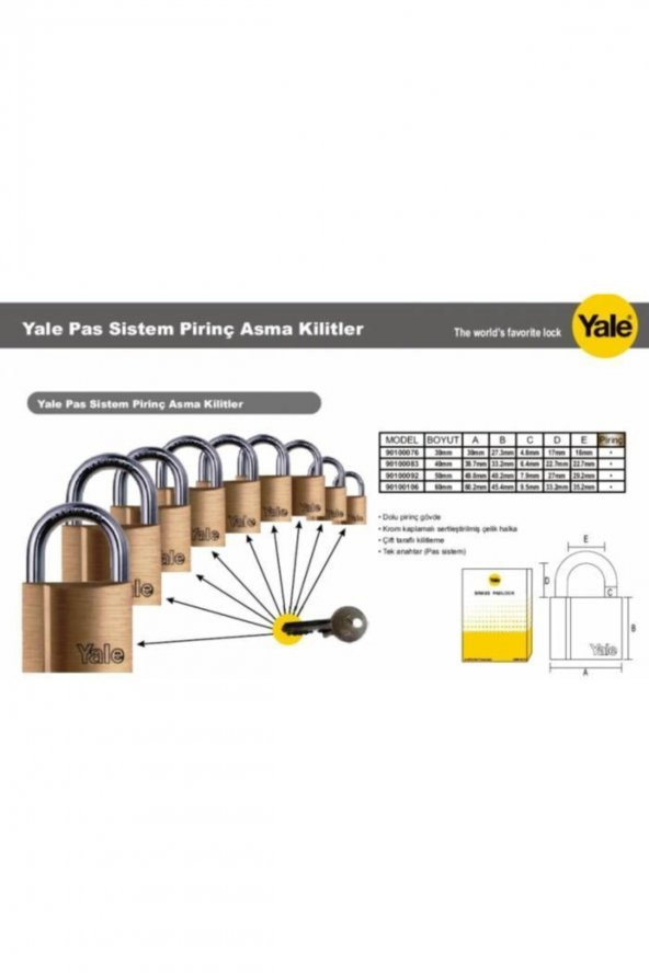 Yale Asma Kilit Sarı 50 Mm Tek Anahtar Hepsini Açarlı Adet Fiyatı