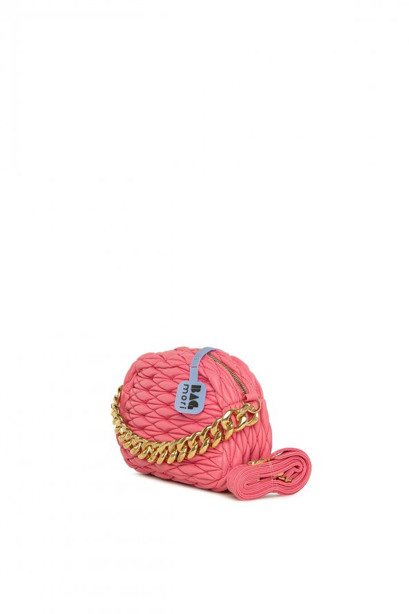 Bagmori Fuşya Büzgü Nakışlı Zincirli Oval Çanta - Resim 2