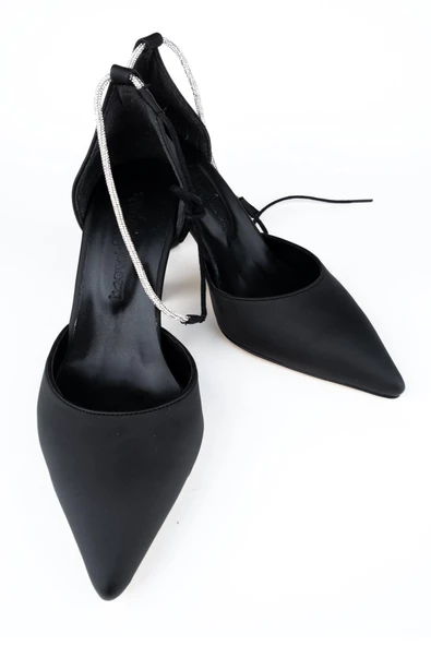 Siyah Saten Bilekten Bağlamalı Taşlı Stiletto Kadeh Topuklu Ayakkabı - Glossy - 4