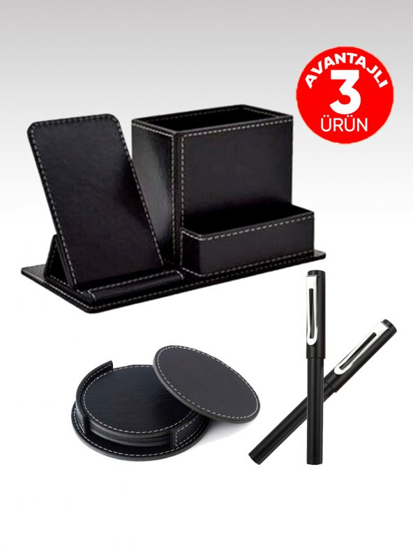 Egesta Suni Deri Telefon Standlı Kalemlik + 4'lü Deri Bardak Altlığı + Roller İmza Kalem Hediyeli Set