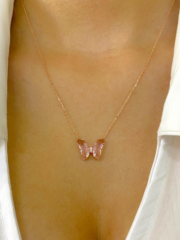 925 Gümüş Üst Kalite Pink Quartz Kelebek Kolye