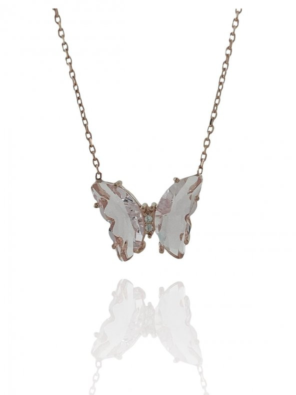 925 Gümüş Üst Kalite Pink Quartz Kelebek Kolye - 2
