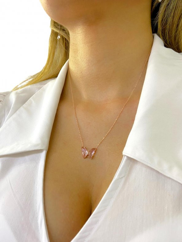 925 Gümüş Üst Kalite Pink Quartz Kelebek Kolye - 3