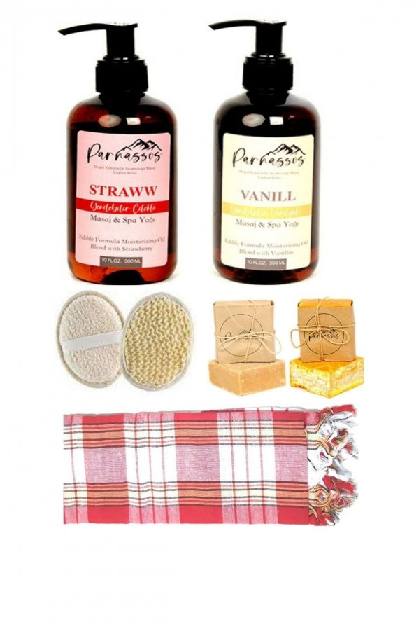 Parnassos Aromaterapi Çilek&Vanilya Masaj Yağı 300ML&Yüz Kesesi &Doğal Sabun x2 &Ekoseli Peştamal