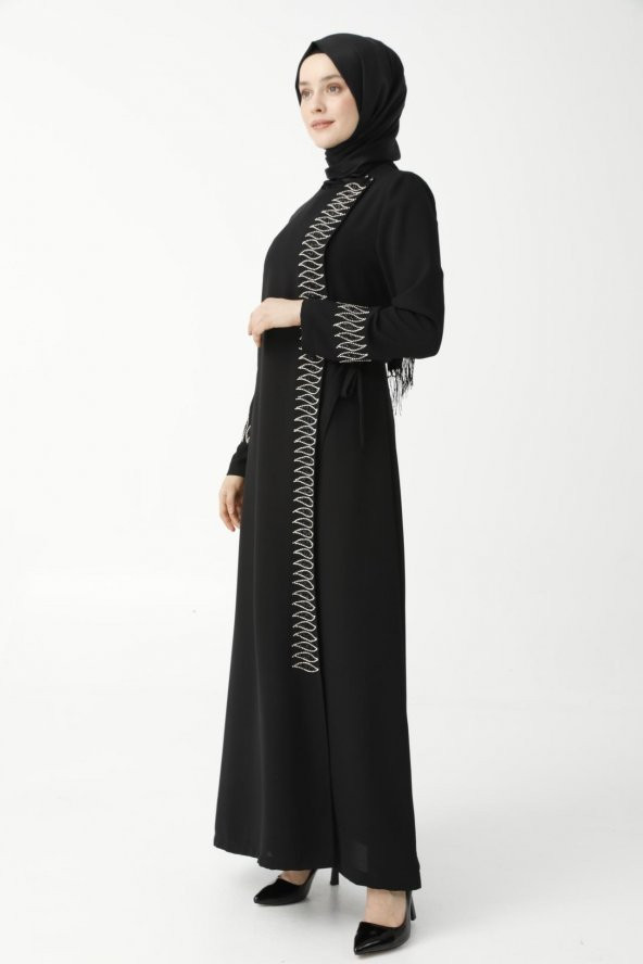 Kruvaze Taşlı Siyah Ferace - 2