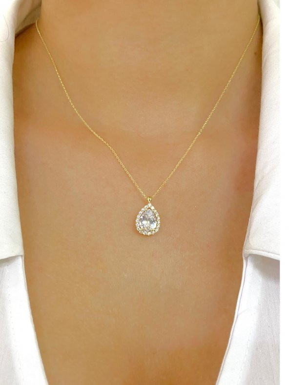 14 Ayar Altın Anturaj Beyaz Su Damlası Kolye - Resim 3