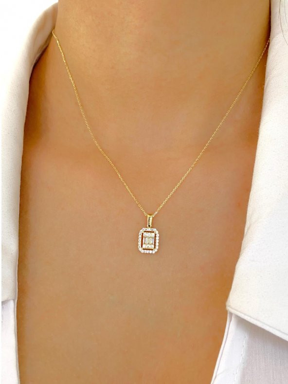 14 Ayar Altın Pırlanta Model Baget Zirkon Kolye - Resim 3