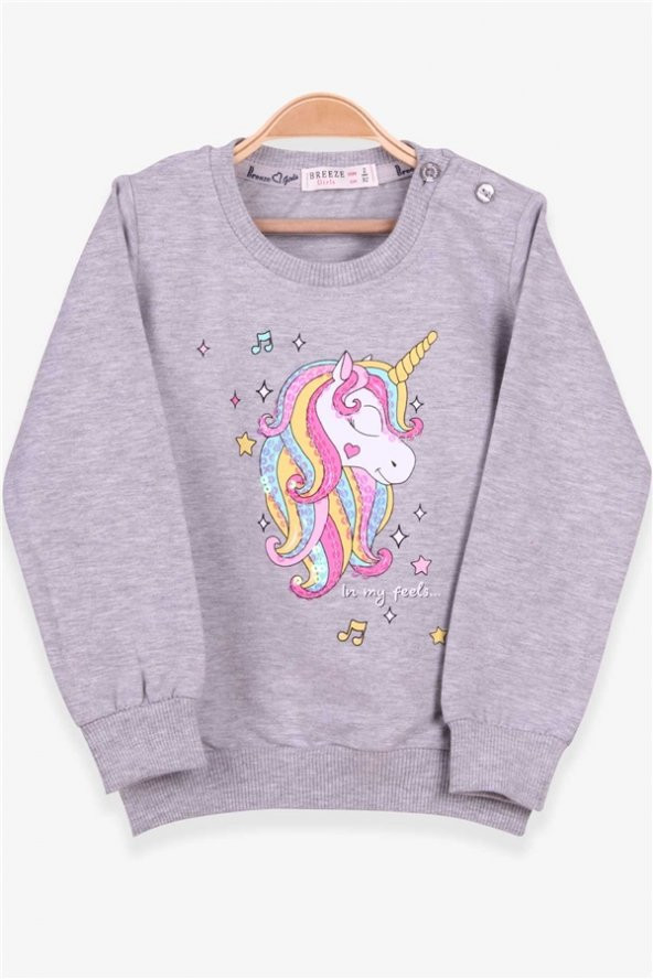 Kız Çocuk Sweatshirt Baskılı Pullu Unicorn Gri Melanj Casual Soft (2-6 Yaş) - 2