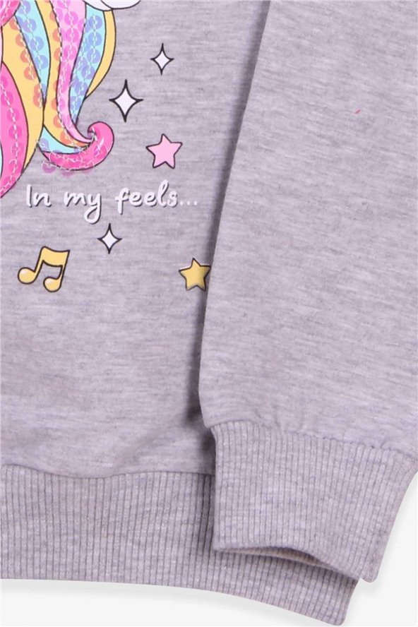 Kız Çocuk Sweatshirt Baskılı Pullu Unicorn Gri Melanj Casual Soft (2-6 Yaş) - 5