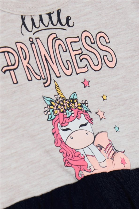Kız Çocuk Elbise Unicorn Baskılı Bej Melanj Pamuk Soft (1.5-5 Yaş) - 4