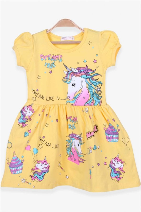 Kız Çocuk Elbise Unicorn Baskılı Sarı Mood (3-6 Yaş)