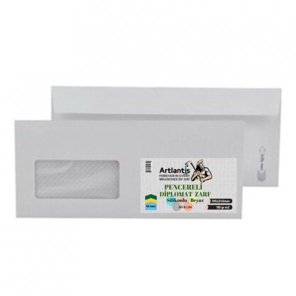 Diplomat Zarf Pencereli 10.5x24 Cm Beyaz 90 Gr Silikonlu 50li 1 Paket Artlantis 105*240 Mm Para Zarfı Beyaz 50 li 1 Paket