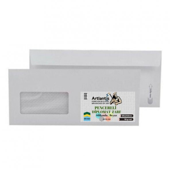 Diplomat Zarf Pencereli 10.5x24 Cm Beyaz 90 Gr Silikonlu 250li 1 Paket Artlantis 105*240 Mm Para Zarfı Beyaz 250 li 1 Paket