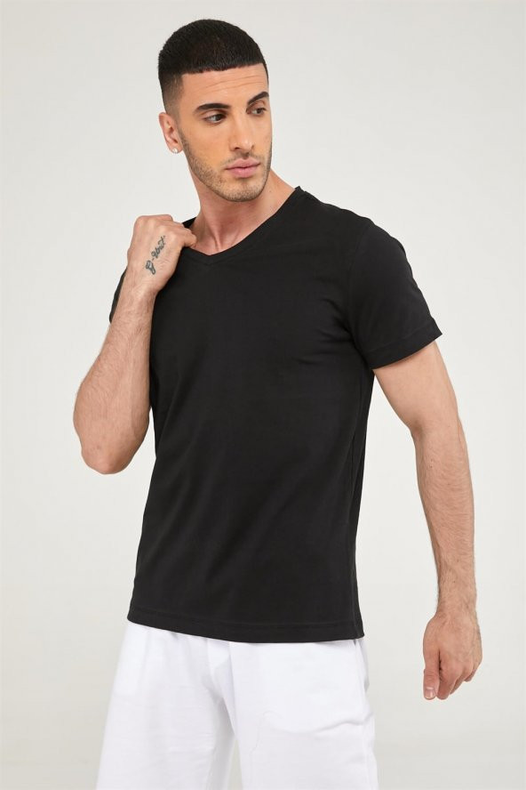 V Yaka Erkek Basic Tshirt-SİYAH - 3