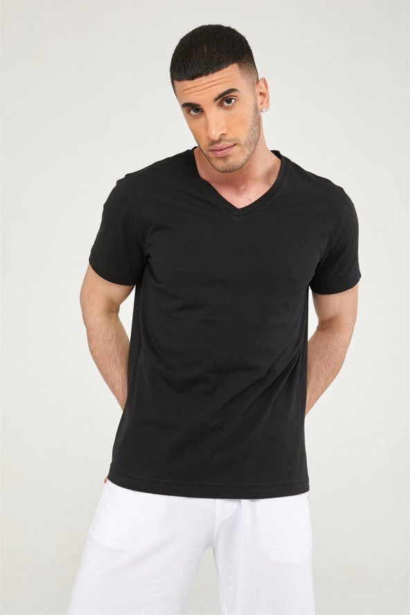 V Yaka Erkek Basic Tshirt-SİYAH - 4