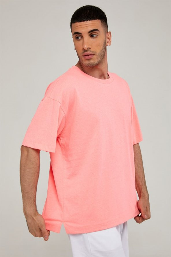 Oversize Erkek Tshirt-NEON PEMBE - 4