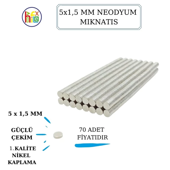 NEODYUM MIKNATIS NİKEL KAPLAMA 5MM X1,5 MM  70 ADET FİYATIDIR