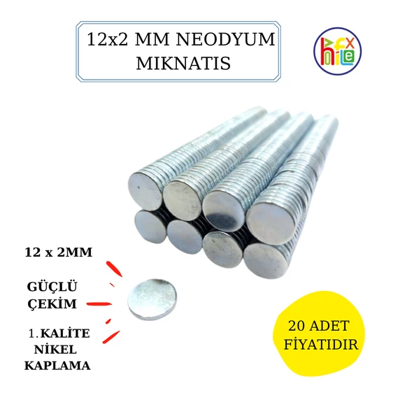 NEODYUM MIKNATIS NİKEL KAPLAMA 12 MM X 2 MM  20 ADET FİYATIDIR