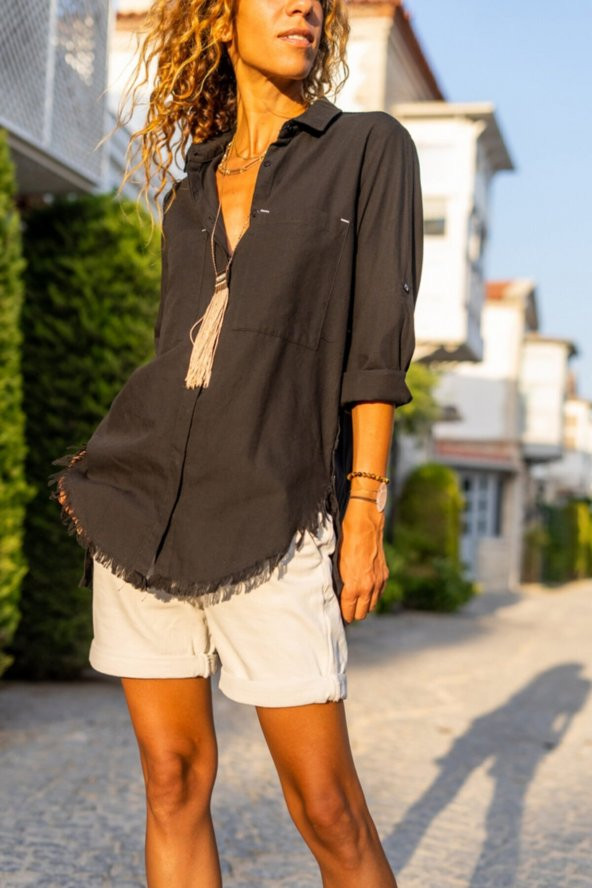 Kadın Yanı Düğmeli Eteği Püsküllü Siyah Gömlek - 2