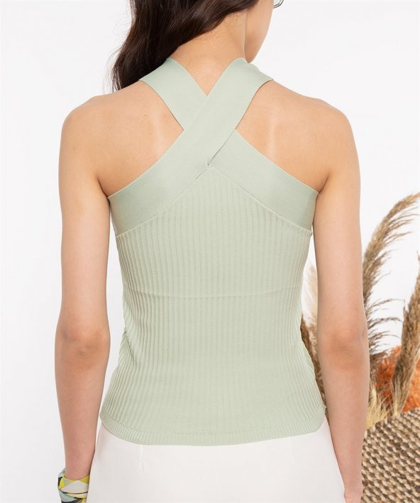 Kadın Fitilli Omzu Açık Triko Bluz Yeşil - 3