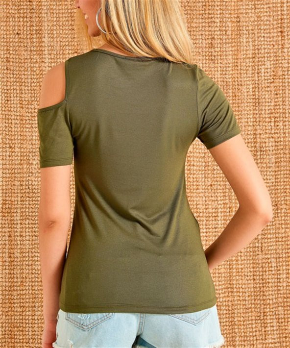 Kadın Haki Asimetrik Kesim Bluz - Resim 3