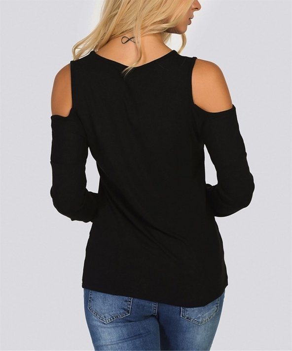 Kadın Siyah Omzu Açık Bisiklet Yaka Bluz - 3