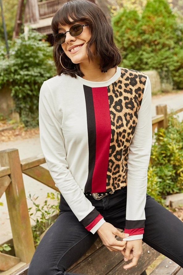 Kadın Renk Bloklu Desenli Ekru Bluz