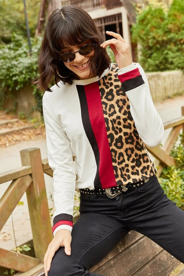 Kadın Renk Bloklu Desenli Ekru Bluz - 2