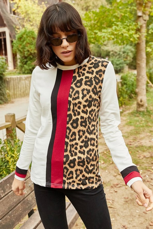 Kadın Renk Bloklu Desenli Ekru Bluz - 3