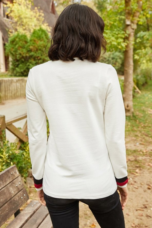 Kadın Renk Bloklu Desenli Ekru Bluz - 4