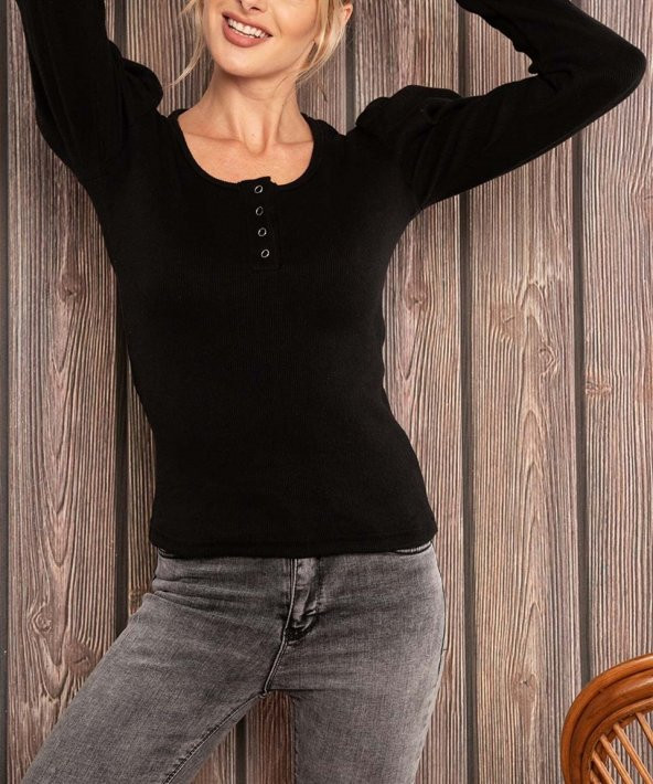 Kadın Siyah Önden Çıtçıtlı Prenses Kol Bluz ürün görseli 1