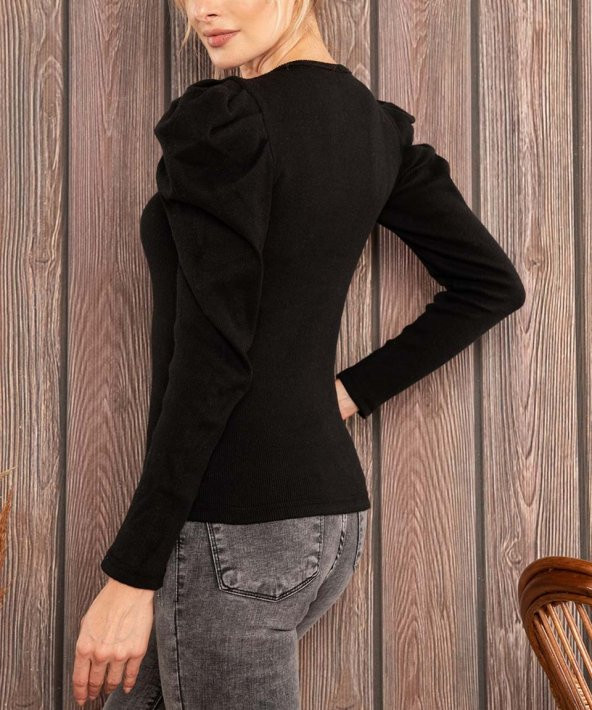 Kadın Siyah Önden Çıtçıtlı Prenses Kol Bluz - Resim 3
