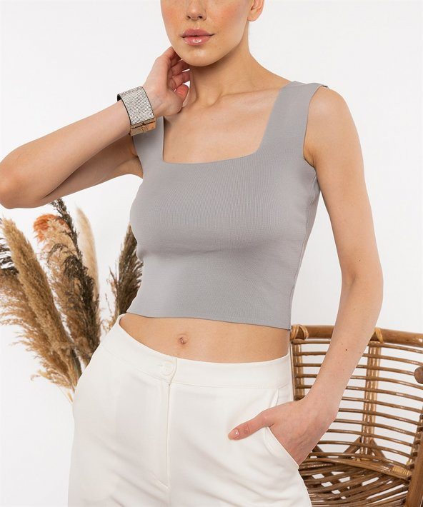 Kadın Gri Kalın Askılı Bluz - 2