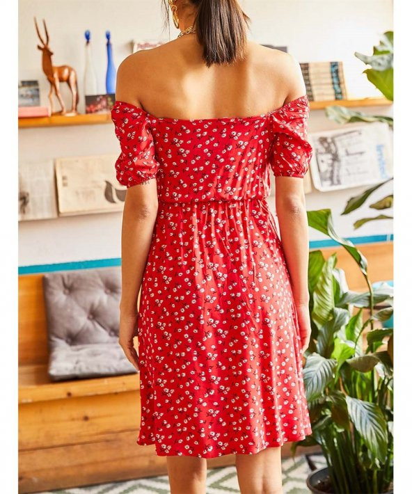 Kadın Kırmızı Önü Büzgülü Beli Lastikli Elbise - 3