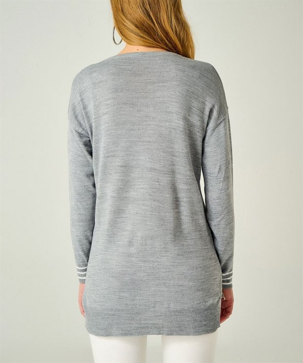 Kadın Gri V Yaka Şeritli Kazak - 3