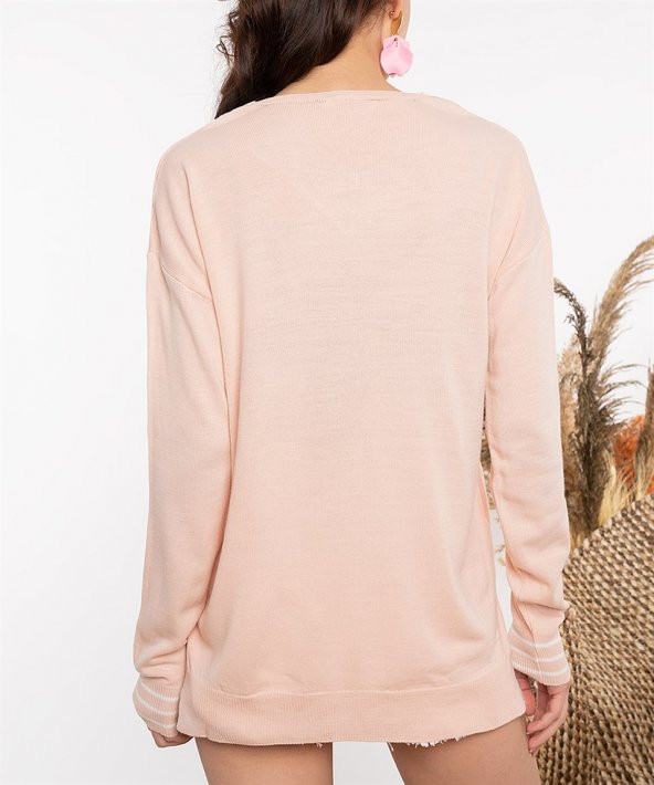 Kadın Pudra V Yaka Kolu Çizgili Triko Kazak - 3