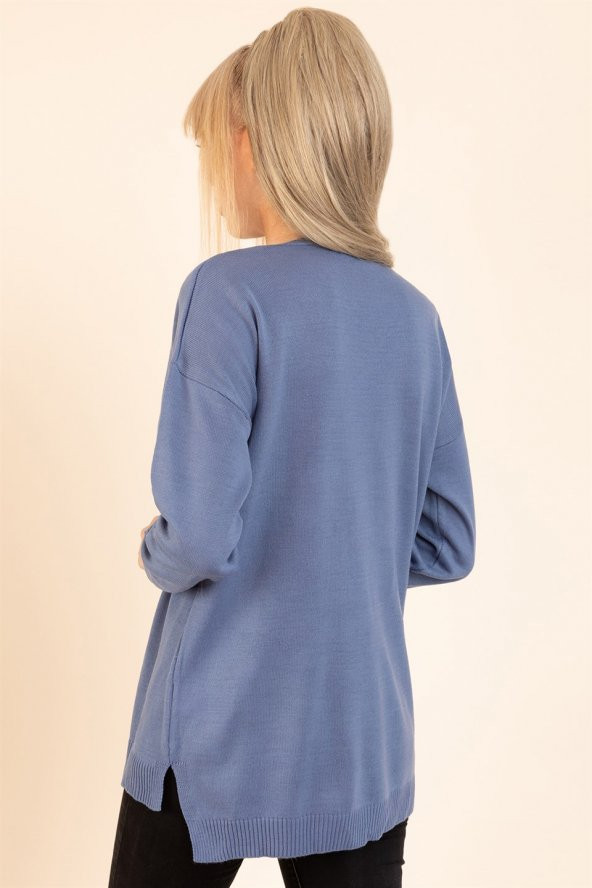 Kadın İndigo Mavisi V Yaka Mevsimlik Kazak - 3