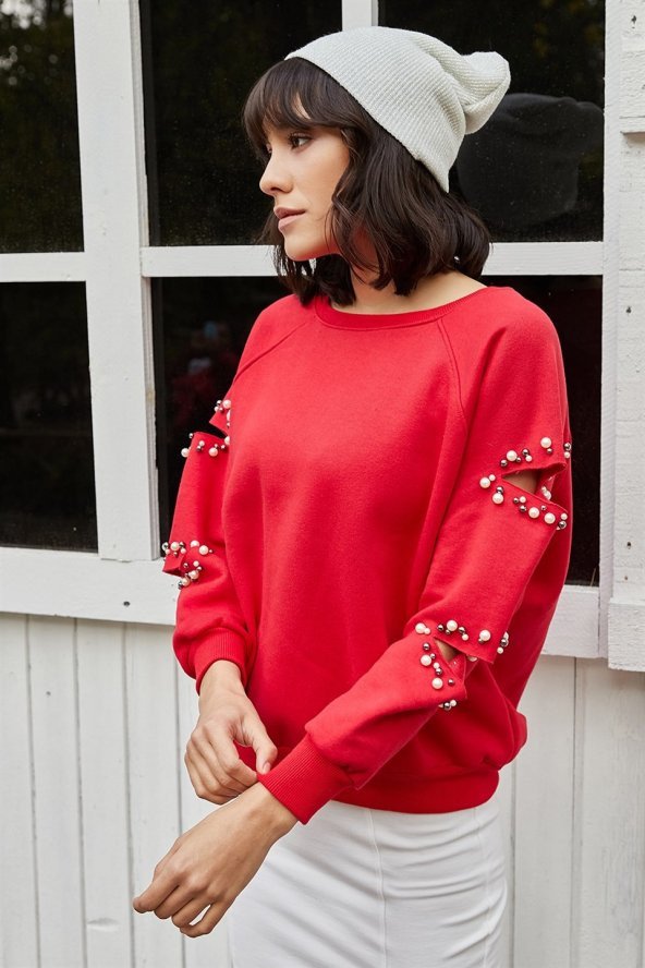 Kadın Kolu Kesik Inci Detaylı Kırmızı Kazak